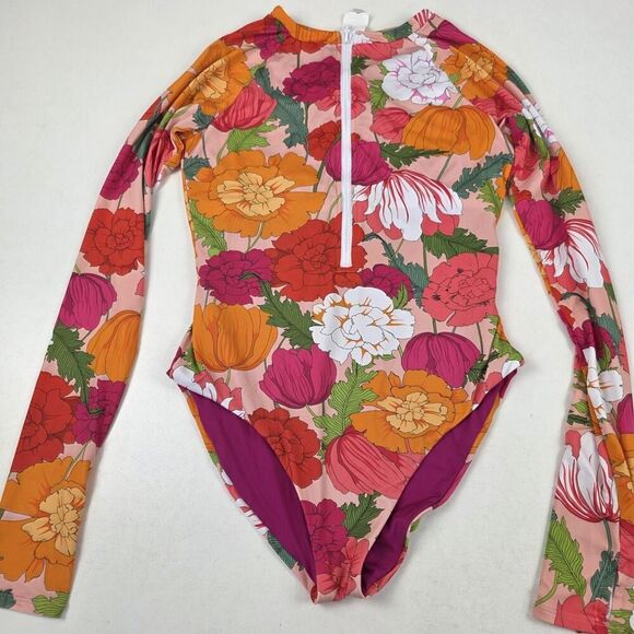 Trina Turk Swimsuit Womens Medium Floral Long Sleeve Rash Guard Pink Orange‎ Zip - Picture 2 of 12